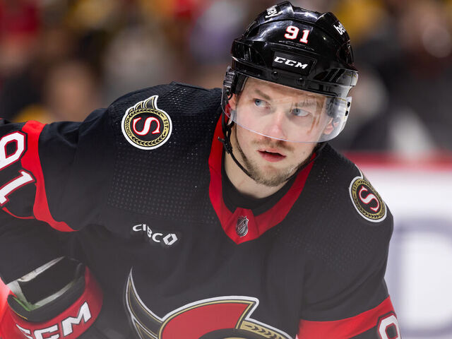 OTTAWA, ON - JANUARY 25: Ottawa Senators Right Wing Vladimir Tarasenko (91) before a face-off during third period National Hockey League action between the Boston Bruins and Ottawa Senators on January 25, 2024, at Canadian Tire Centre in Ottawa, ON, Canada.