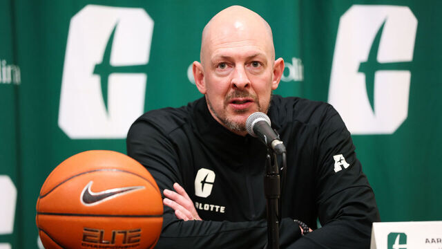 CHARLOTTE, NORTH CAROLINA - JANUARY 6: Head coach Aaron Fearne of the Charlotte 49ers addresses the media after facing Florida Atlantic Owls at Dale F. Halton Arena on January 6, 2024 in Charlotte, North Carolina.