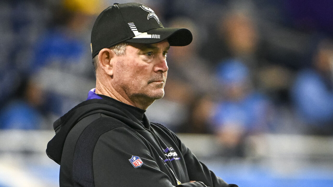 DETROIT, MICHIGAN - DECEMBER 05: Head coach Mike Zimmer of the Minnesota Vikings looks on before the game against the Detroit Lions at Ford Field on December 05, 2021 in Detroit, Michigan.