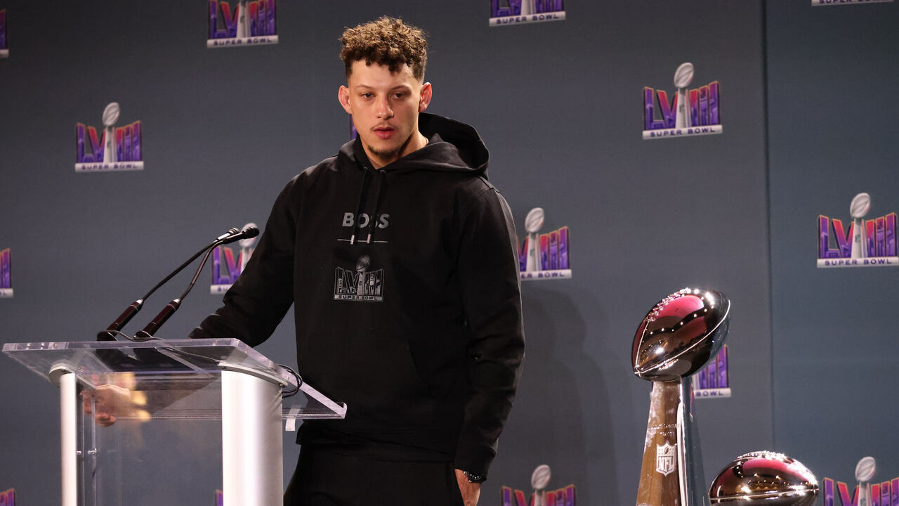 LAS VEGAS, NV - FEBRUARY 12: Kansas City Chiefs quarterback and third time recipient of the MVP award Patrick Mahomes (15) speaks to the media during the Super Bowl LVIII Chiefs Press Conference on Monday, Feb. 12, 2024, at Mandalay Bay Events Center in Las Vegas, Nevada.
