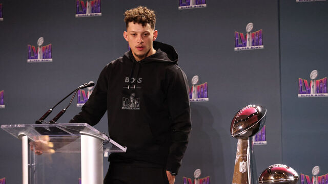 LAS VEGAS, NV - FEBRUARY 12: Kansas City Chiefs quarterback and third time recipient of the MVP award Patrick Mahomes (15) speaks to the media during the Super Bowl LVIII Chiefs Press Conference on Monday, Feb. 12, 2024, at Mandalay Bay Events Center in Las Vegas, Nevada.