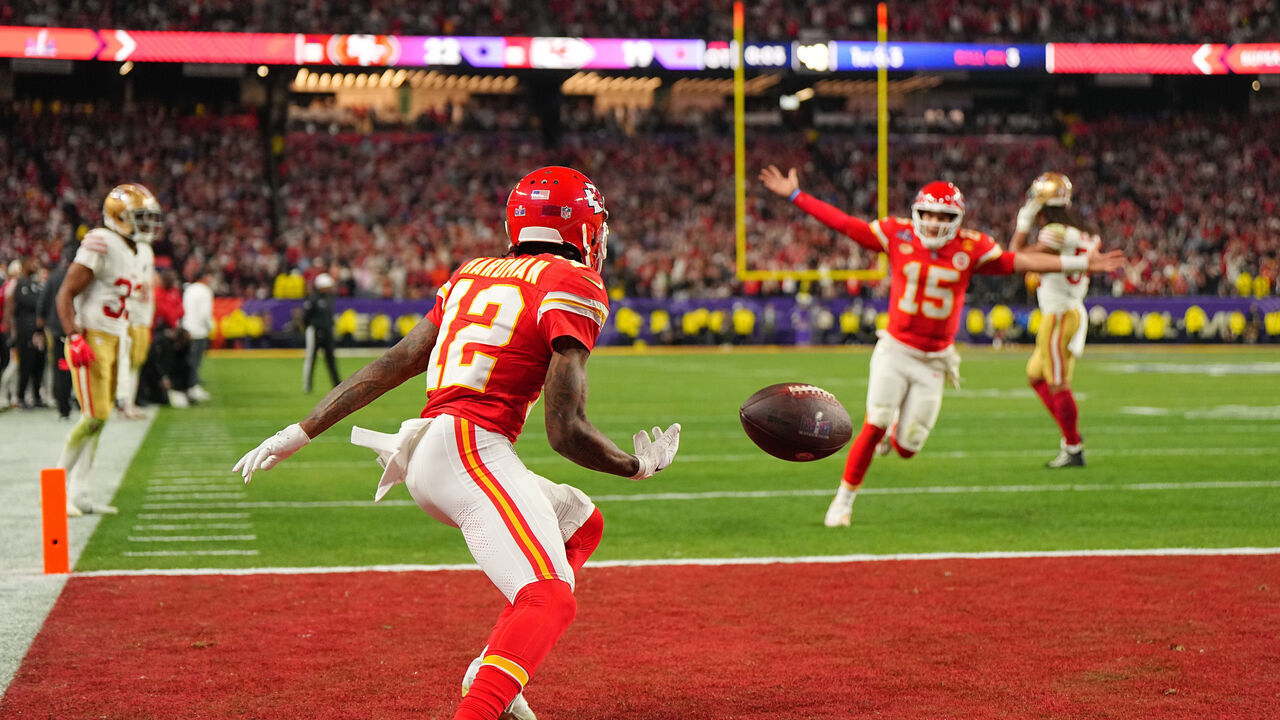 Football: Super Bowl LVIII: Kansas City Chiefs Mecole Hardman Jr. (12) in action, scores the game winning touchdown vs San Francisco 49ers at Allegiant Stadium. Las Vegas, NV 2/11/2024 CREDIT: Erick W. Rasco (Set Number: X164496 TK1)