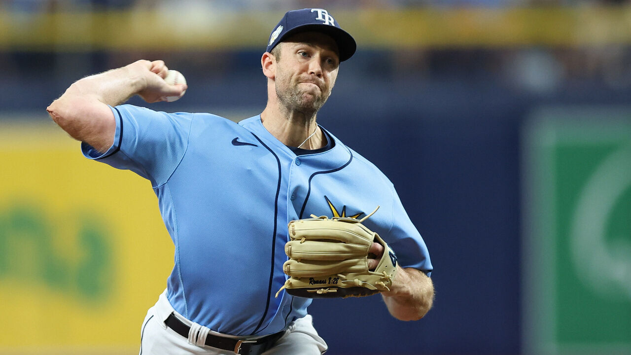 TAMPA, FL - AUGUST 27: Jason Adam #47 of the Tampa Bay Rays pitches in the ninth inning during the game between the New York Yankees and the Tampa Bay Rays at Tropicana Field on Sunday, August 27, 2023 in Tampa, Florida.