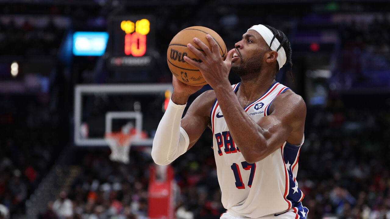 WASHINGTON, DC - FEBRUARY 10: Buddy Hield #17 of the Philadelphia 76ers shoots against the Washington Wizards during the second half at Capital One Arena on February 10, 2024 in Washington, DC.