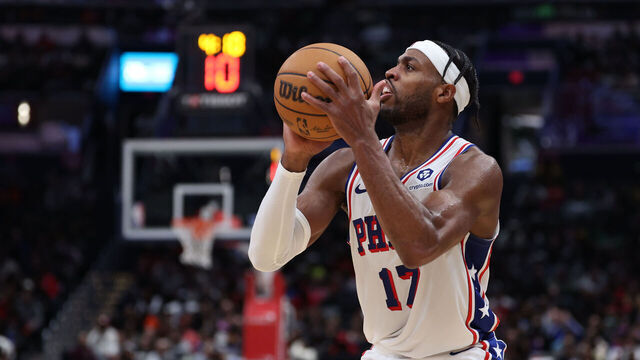 WASHINGTON, DC - FEBRUARY 10: Buddy Hield #17 of the Philadelphia 76ers shoots against the Washington Wizards during the second half at Capital One Arena on February 10, 2024 in Washington, DC.