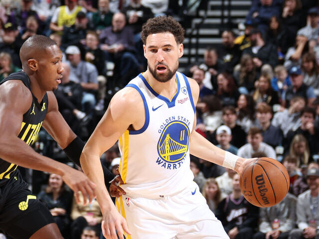 SALT LAKE CITY, UT - FEBRUARY 12: Klay Thompson #11 of the Golden State Warriors dribbles the ball during the game against the Utah Jazz on February 12, 2024 at Delta Center in Salt Lake City, Utah. Mandatory Copyright Notice: Copyright 2024 NBAE