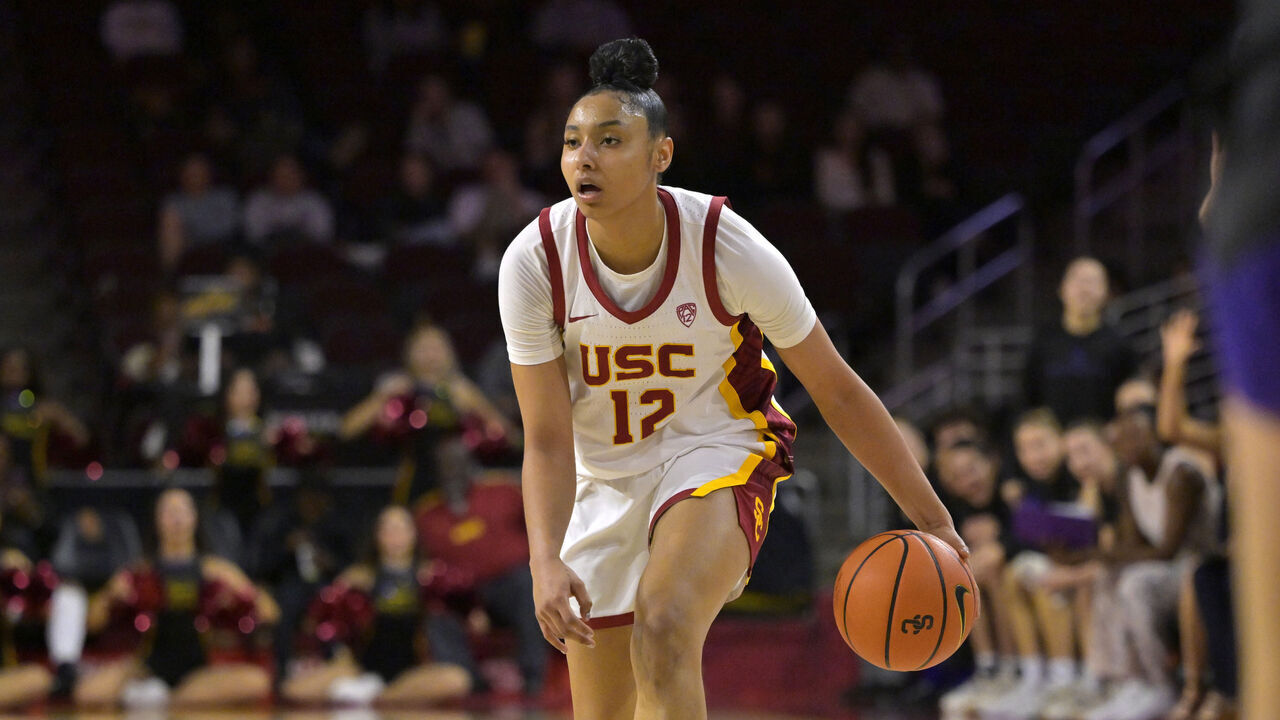 LOS ANGELES, CALIFORNIA - JANUARY 28: JuJu Watkins #12 of the USC Trojans handles the ball against the Washington Huskies at Galen Center on January 28, 2024 in Los Angeles, California.