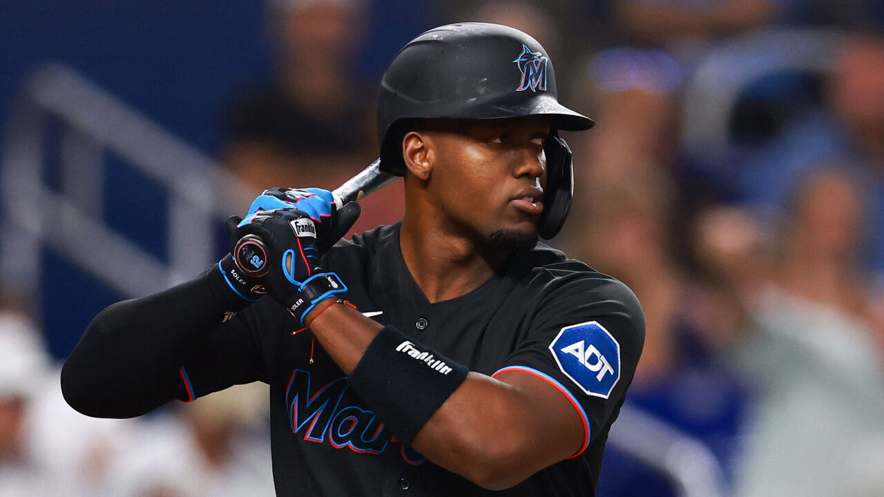 MIAMI, FLORIDA - AUGUST 16: Jorge Soler #12 of the Miami Marlins at bat against the Houston Astros during the third inning at loanDepot park on August 16, 2023 in Miami, Florida.