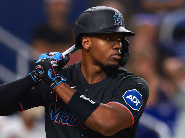 MIAMI, FLORIDA - AUGUST 16: Jorge Soler #12 of the Miami Marlins at bat against the Houston Astros during the third inning at loanDepot park on August 16, 2023 in Miami, Florida.