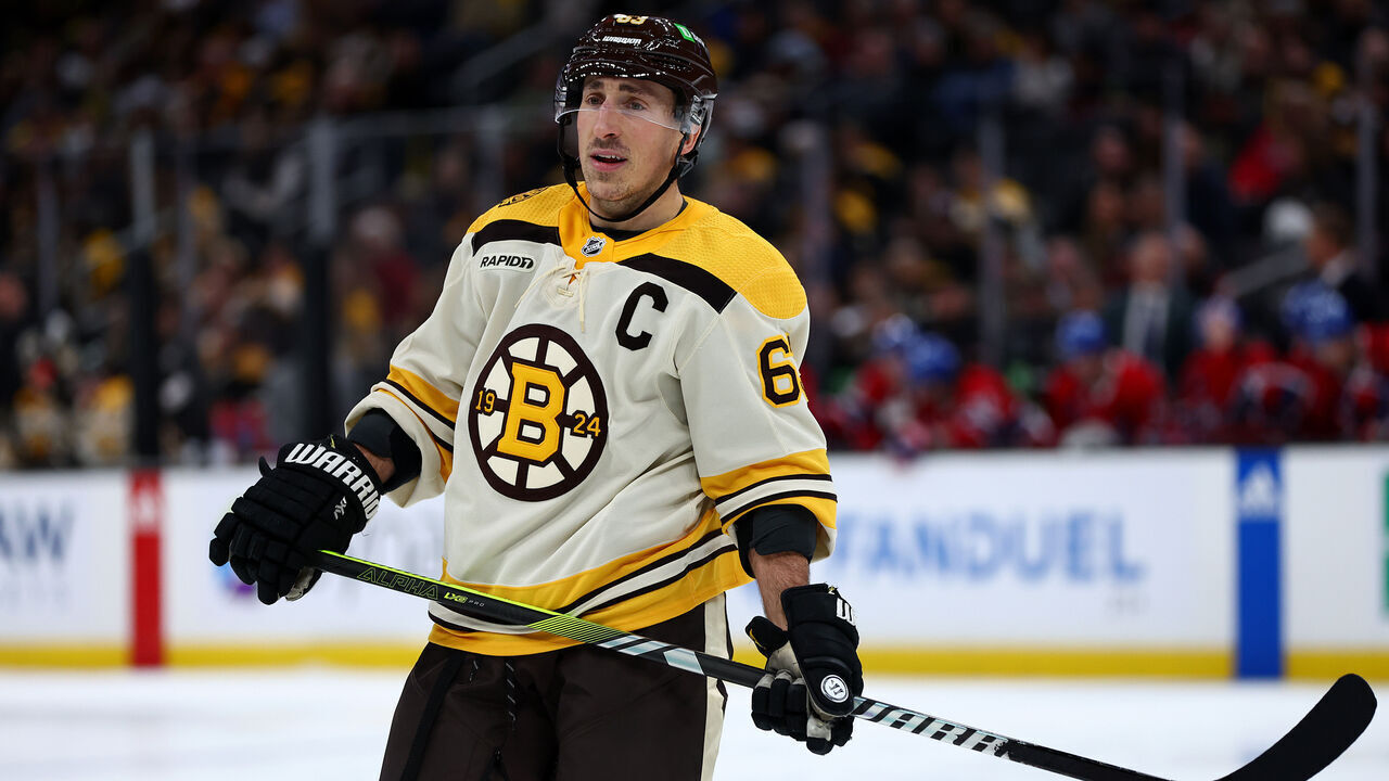 BOSTON, MASSACHUSETTS - JANUARY 20: Brad Marchand #63 of the Boston Bruins looks on during the second period against the Montreal Canadiens at TD Garden on January 20, 2024 in Boston, Massachusetts.