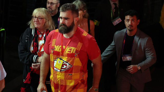 LAS VEGAS, NEVADA - FEBRUARY 11: Jason Kelce, Donna Kelce and Taylor swift celebrate after the Kansas City Chiefs defeated the San Francisco 49ers during Super Bowl LVIII at Allegiant Stadium on February 11, 2024 in Las Vegas, Nevada. The Chiefs defeated the 49ers 25-22 in overtime.