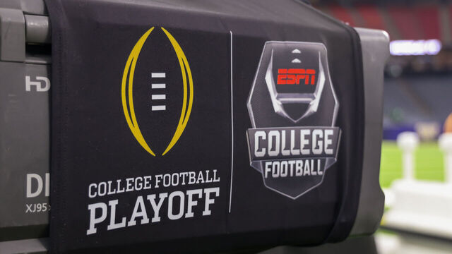 HOUSTON, TX - JANUARY 08: The CFP and ESPN College Football logos are displayed on a television camera before the CFP National Championship game Michigan Wolverines and Washington Huskies on anuary 8, 2024, at NRG Stadium in Houston, Texas.