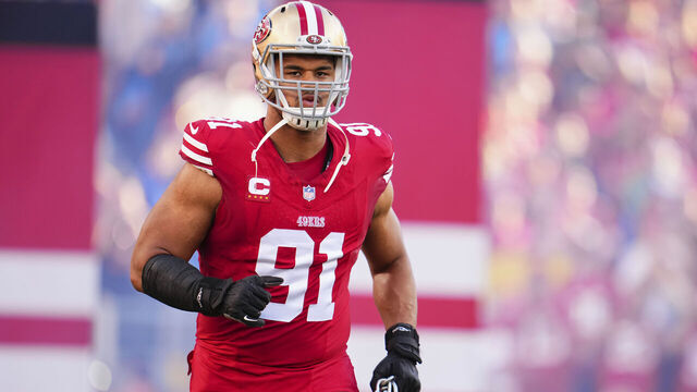 SANTA CLARA, CA - JANUARY 28: Arik Armstead #91 of the San Francisco 49ers takes the field before kickoff against the Detroit Lions during the NFC Championship football game at Levi's Stadium on January 28, 2024 in Santa Clara, California.