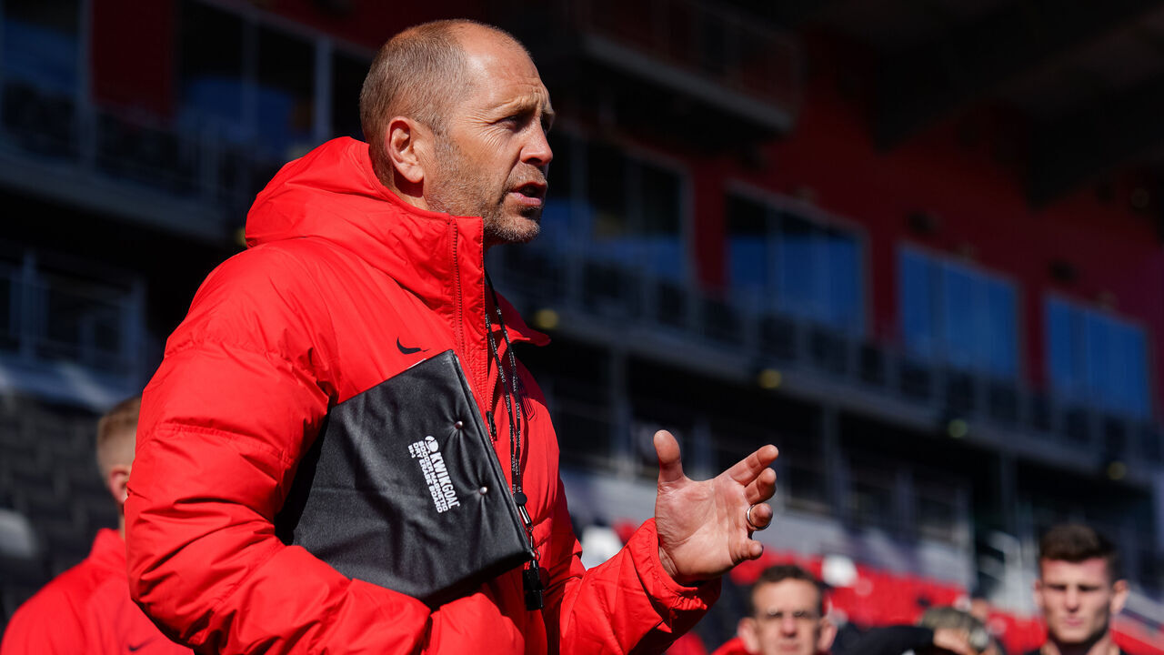 SAN ANTONIO, TEXAS - JANUARY 19: Head Coach Gregg Berhalter talks to players during a January training camp session at Toyota Field on January 19, 2024 in San Antonio, Texas.