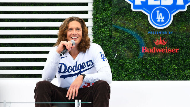 LOS ANGELES, CA - FEBRUARY 03: Los Angeles Dodgers pitcher Tyler Glasnow looks on during DodgerFest at Dodger Stadium on February 03, 2024 in Los Angeles, California.