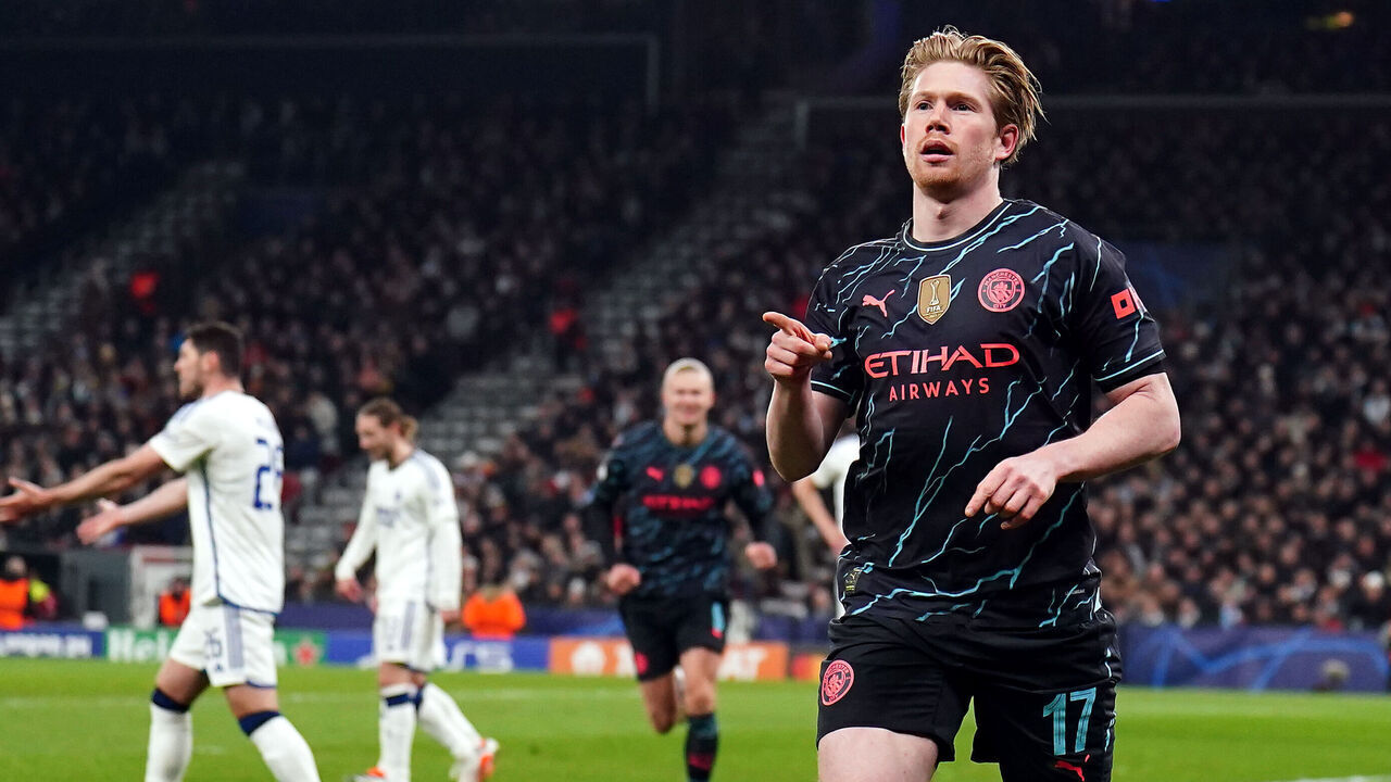 Manchester City's Kevin De Bruyne celebrates scoring their side's first goal of the game during the UEFA Champions League round of 16, first leg match at the Parken Stadium, Copenhagen, Denmark. Picture date: Tuesday February 13, 2024.