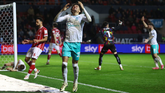 BRISTOL, ENGLAND - FEBRUARY 13: Samuel Edozie of Southampton reacts during the Sky Bet Championship match between Bristol City and Southampton FC at Ashton Gate on February 13, 2024 in Bristol, England.