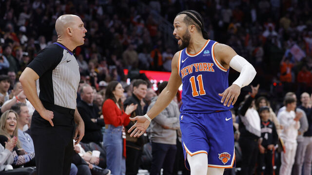 HOUSTON, TEXAS - FEBRUARY 12: Jalen Brunson #11 of the New York Knicks argues a call against the Houston Rockets during the second half at Toyota Center on February 12, 2024 in Houston, Texas.