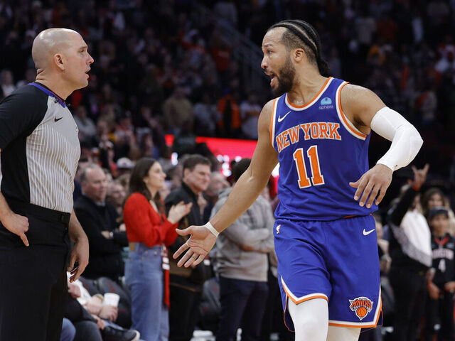 HOUSTON, TEXAS - FEBRUARY 12: Jalen Brunson #11 of the New York Knicks argues a call against the Houston Rockets during the second half at Toyota Center on February 12, 2024 in Houston, Texas.