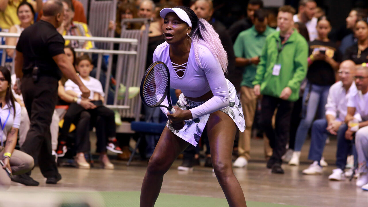 SAN JUAN, PUERTO RICO - SEPTEMBER 15: Venus Williams waits for a serve during the Venus Williams vs. Mónica Puig Exhibition Match at Coliseo de Puerto Rico José Miguel Agrelot on September 15, 2023 in San Juan, Puerto Rico.