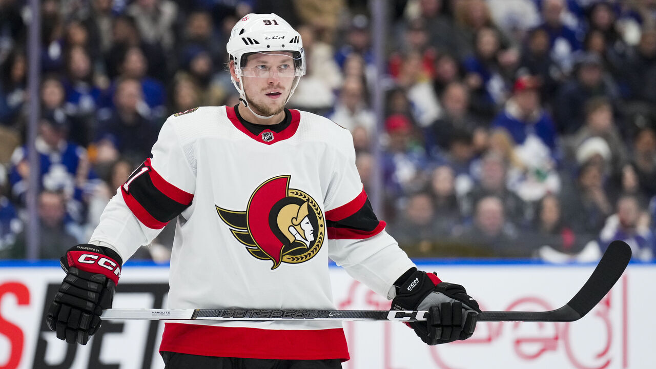 TORONTO, ON - DECEMBER 27: Vladimir Tarasenko #91 of the Ottawa Senators looks on against the Toronto Maple Leafs during the third period at the Scotiabank Arena on December 27, 2023 in Toronto, Ontario, Canada.