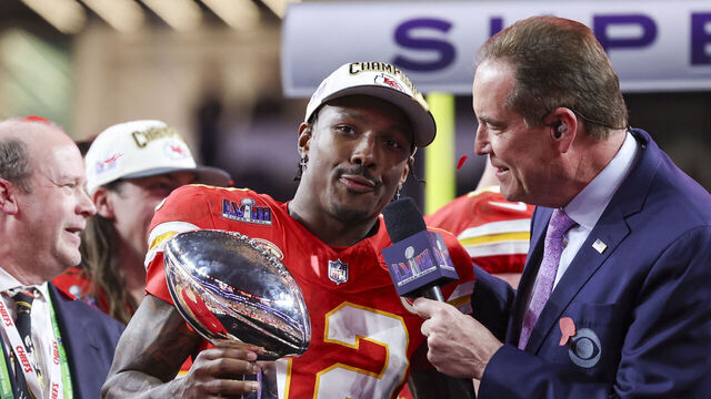 LAS VEGAS, NV - FEBRUARY 11: Mecole Hardman Jr. #12 of the Kansas City Chiefs is interviewed by Jim Nantz after Super Bowl LVIII against the San Francisco 49ers at Allegiant Stadium on February 11, 2024 in Las Vegas, NV.