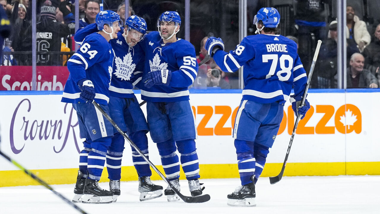 TORONTO, ON - FEBRUARY 13: Bobby McMann #74 of the Toronto Maple Leafs celebrates his third goal of the game against the St. Louis Blues with teammates David Kampf #64, Mark Giordano #55 and TJ Brodie #78 during the third period at Scotiabank Arena on February 13, 2024 in Toronto, Ontario, Canada.