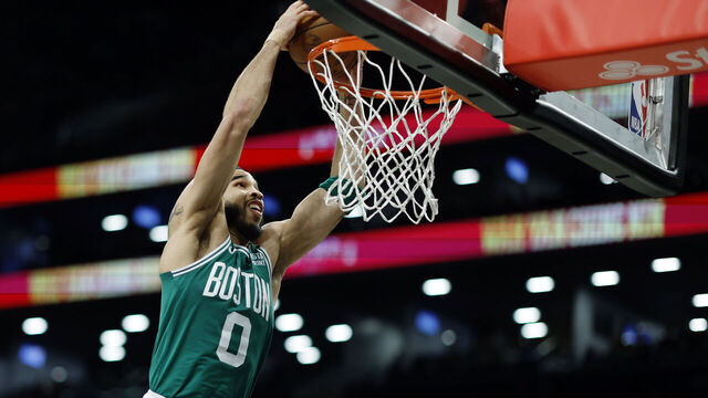NEW YORK, NEW YORK - FEBRUARY 13: Jayson Tatum #0 of the Boston Celtics dunks the ball during the second half against the Brooklyn Nets at Barclays Center on February 13, 2024 in the Brooklyn borough of New York City. The Celtics won 118-110.