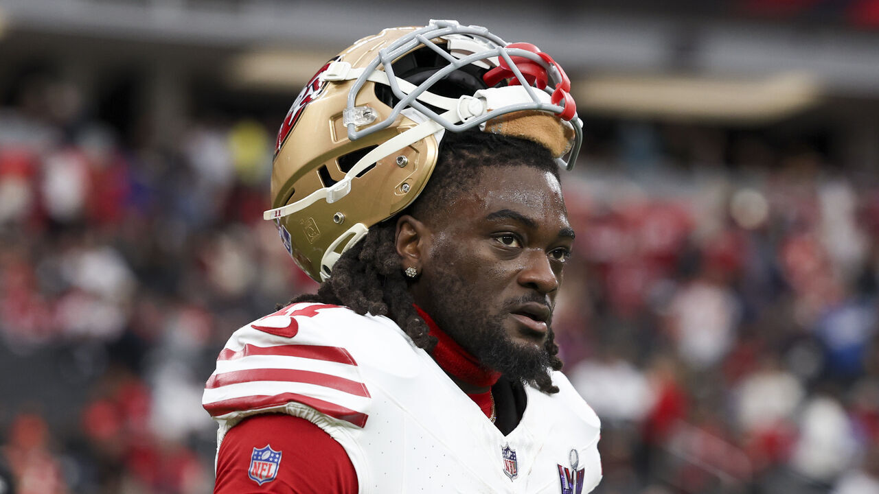 LAS VEGAS, NV - FEBRUARY 11: Brandon Aiyuk #11 of the San Francisco 49ers looks on prior to Super Bowl LVIII against the Kansas City Chiefs at Allegiant Stadium on February 11, 2024 in Las Vegas, NV.