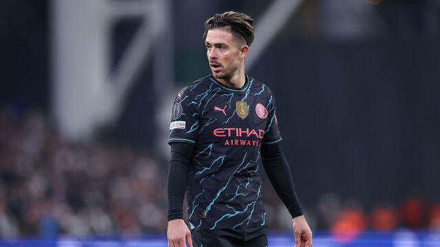 COPENHAGEN, DENMARK - FEBRUARY 13: Jack Grealish of Manchester City looks on during the UEFA Champions League 2023/24 round of 16 first leg match between F.C. Copenhagen and Manchester City at Parken Stadium on February 13, 2024 in Copenhagen, Denmark.