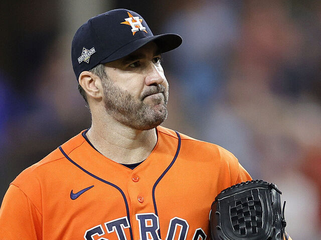 ARLINGTON, TEXAS - OCTOBER 20: Justin Verlander #35 of the Houston Astros reacts against the Texas Rangers during the sixth inning in Game Five of the American League Championship Series at Globe Life Field on October 20, 2023 in Arlington, Texas.