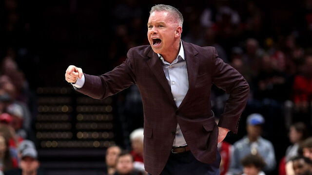 COLUMBUS, OHIO - FEBRUARY 10: Head coach Chris Holtmann of the Ohio State Buckeyes yells to his players during the game against the Maryland Terrapins at Value City Arena on February 10, 2024 in Columbus, Ohio. Ohio State defeated Maryland 79-75 in double overtime.