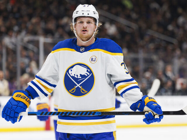 LOS ANGELES, CA - JANUARY 24: Buffalo Sabres center Casey Mittelstadt (37) during an NHL hockey game against the Los Angeles Kings on January 24, 2024 at Crypto.com Arena in Los Angeles, CA.