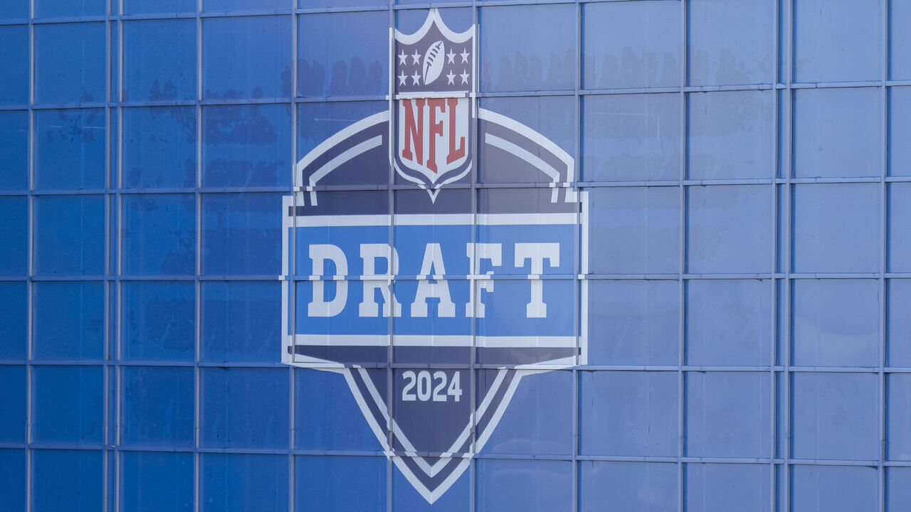 DETROIT, MI - NOVEMBER 24: The NFL Draft 2024 logo is pictured on the exterior of Ford Field before a college football game between the Penn State Nittany Lions and the Michigan State Spartans on November 24, 2023 at Ford Field in Detroit, Michigan.