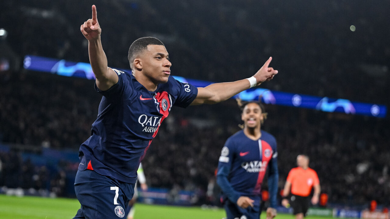 PARIS, FRANCE - FEBRUARY 14: Kylian Mbappe of Paris Saint-Germain celebrates after scoring his team's first goal during the UEFA Champions League 2023/24 round of 16 first leg match between Paris Saint-Germain and Real Sociedad at Parc des Princes on February 14, 2024 in Paris, France.