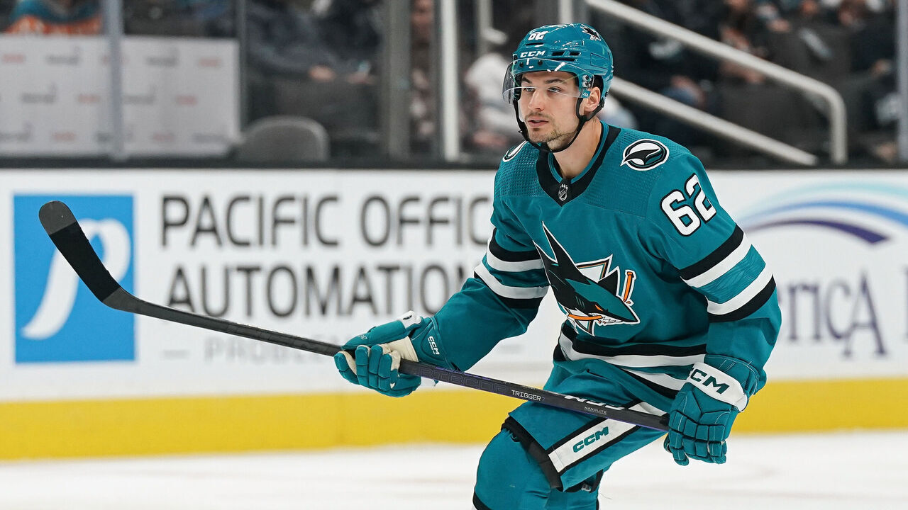 SAN JOSE, CA - DECEMBER 21: Kevin Labanc #62 of the San Jose Sharks skates after the puck against the Arizona Coyotes at SAP Center on December 21, 2023 in San Jose, California.