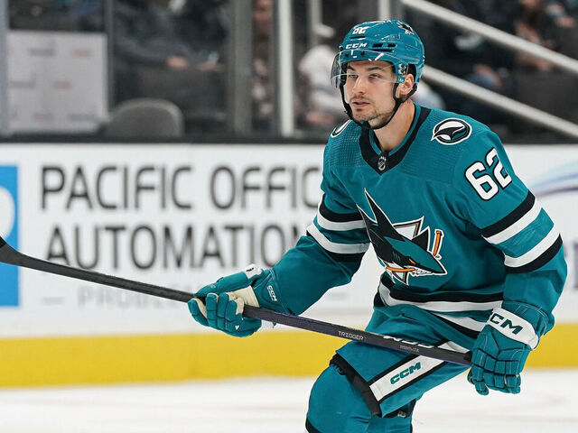 SAN JOSE, CA - DECEMBER 21: Kevin Labanc #62 of the San Jose Sharks skates after the puck against the Arizona Coyotes at SAP Center on December 21, 2023 in San Jose, California.