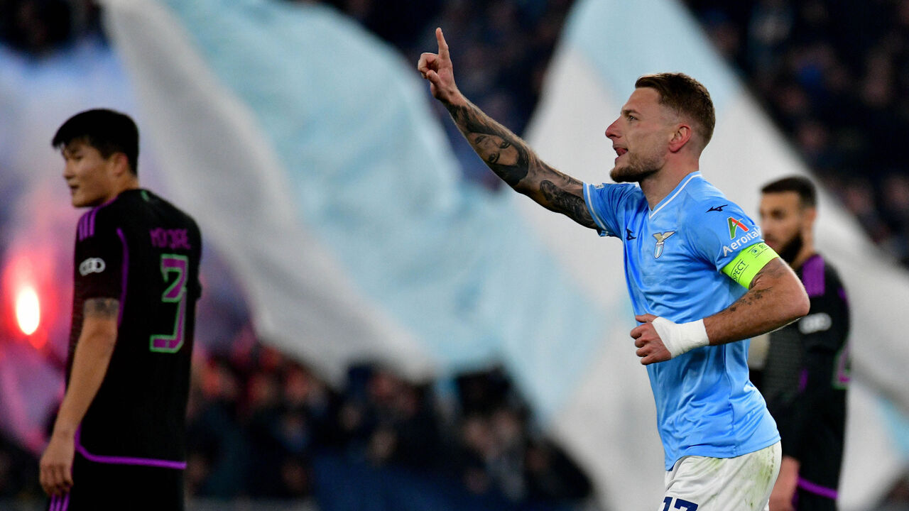 ROME, ITALY - FEBRUARY 14: Ciro Immobile of SS Lazio celebrates a opening goal a penalty during the UEFA Champions League 2023/24 round of 16 first leg match between SS Lazio and FC Bayern München at Stadio Olimpico on February 14, 2024 in Rome, Italy.