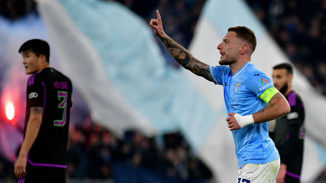 ROME, ITALY - FEBRUARY 14: Ciro Immobile of SS Lazio celebrates a opening goal a penalty during the UEFA Champions League 2023/24 round of 16 first leg match between SS Lazio and FC Bayern München at Stadio Olimpico on February 14, 2024 in Rome, Italy.