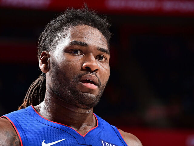 DETROIT, MI - JANUARY 24: Isaiah Stewart #28 of the Detroit Pistons looks on during the game against the Charlotte Hornets on January 24, 2024 at Little Caesars Arena in Detroit, Michigan. NOTE TO USER: User expressly acknowledges and agrees that, by downloading and/or using this photograph, User is consenting to the terms and conditions of the Getty Images License Agreement. Mandatory Copyright Notice: Copyright 2024 NBAE
