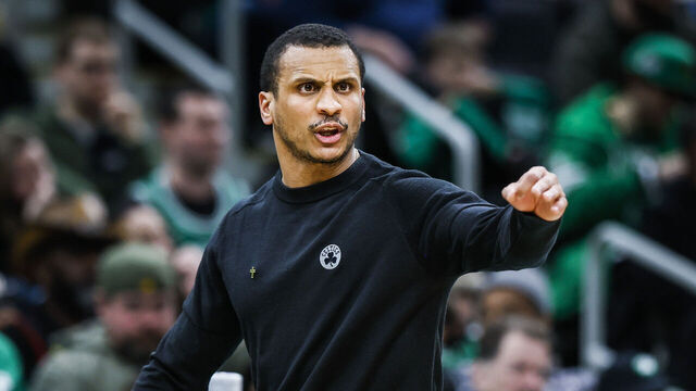 Boston, MA - February 7: Boston Celtics head coach Joe Mazzulla directs his players in the second half. The Celtics beat the Atlanta Hawks, 125-117.