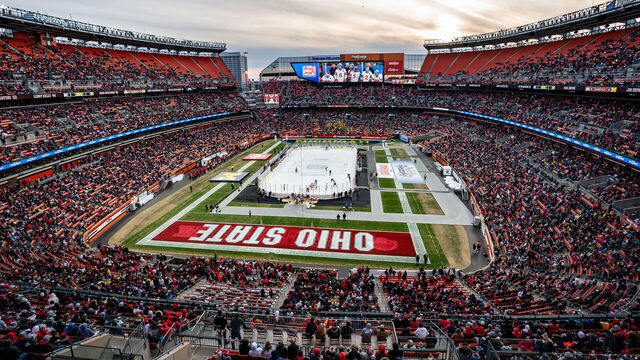 CLEVELAND, OH FEBRUARY 18: FirstEnergy Stadium during the 2nd period of the Faceoff on the Lake NCAA ice hockey game on February 18, 2023 in Cleveland, OH. The Ohio State Buckeyes defeated the Michigan Wolverines 4-2.
