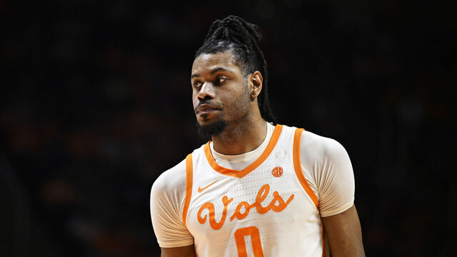 KNOXVILLE, TENNESSEE - JANUARY 30: Jonas Aidoo #0 of the Tennessee Volunteers looks on against the South Carolina Gamecocks in the second half at Thompson-Boling Arena on January 30, 2024 in Knoxville, Tennessee.