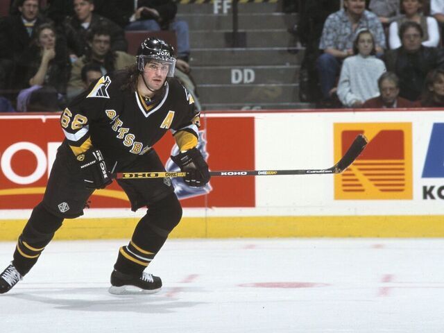 Penguins forward Jaromir Jagr skates in a game at the Molson Centre during the 1996-97 season