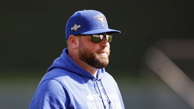 MINNEAPOLIS, MINNESOTA - OCTOBER 03: John Schneider #14 of the Toronto Blue Jays looks on prior to Game One of the Wild Card Series against the Minnesota Twins at Target Field on October 03, 2023 in Minneapolis, Minnesota.