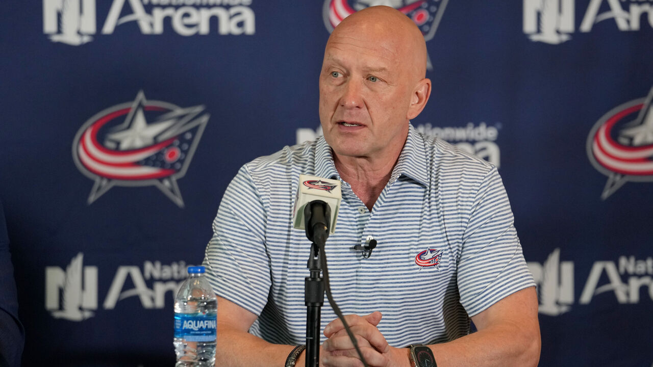COLUMBUS, OHIO - JULY 01: General Manager Jarmo Kekalainen addresses member of the media during a press conference at Nationwide Arena on July 01, 2023 in Columbus, Ohio.