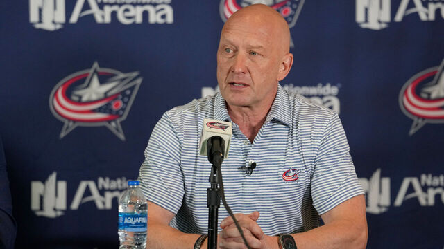 COLUMBUS, OHIO - JULY 01: General Manager Jarmo Kekalainen addresses member of the media during a press conference at Nationwide Arena on July 01, 2023 in Columbus, Ohio.