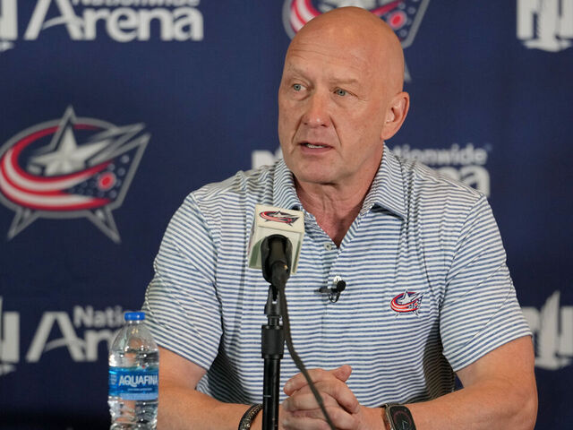 COLUMBUS, OHIO - JULY 01: General Manager Jarmo Kekalainen addresses member of the media during a press conference at Nationwide Arena on July 01, 2023 in Columbus, Ohio.
