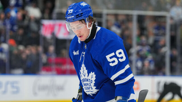 TORONTO, CANADA - FEBRUARY 05: Tyler Bertuzzi #59 of the Toronto Maple Leafs skates against the New York Islanders at Scotiabank Arena on February 05, 2024 in Toronto, Ontario, Canada.