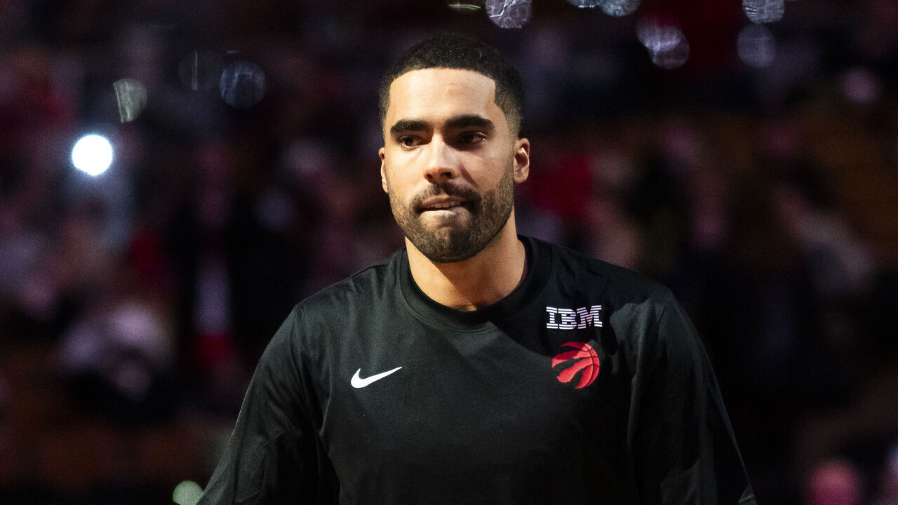 TORONTO, ON - JANUARY 18: Jontay Porter #34 of the Toronto Raptors takes part in pre game introductions ahead of playing the Chicago Bulls in their basketball game at the Scotiabank Arena on January 18, 2024 in Toronto, Ontario, Canada. NOTE TO USER: User expressly acknowledges and agrees that, by downloading and/or using this Photograph, user is consenting to the terms and conditions of the Getty Images License Agreement.
